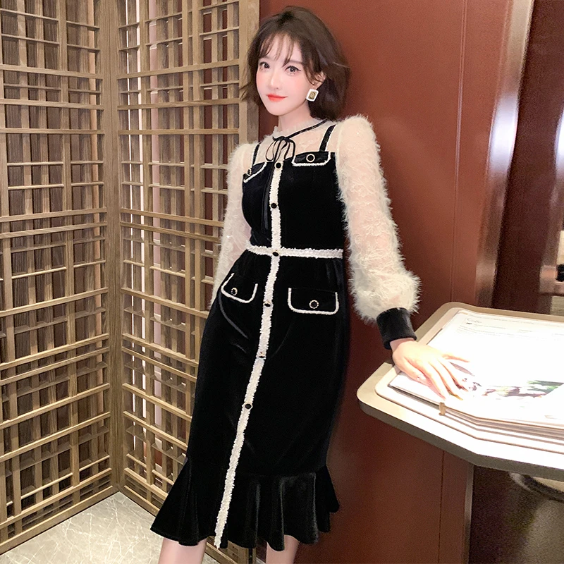 MIUCO温柔毛毛拼接长袖收腰荷叶边黑色修身连衣裙【现货】