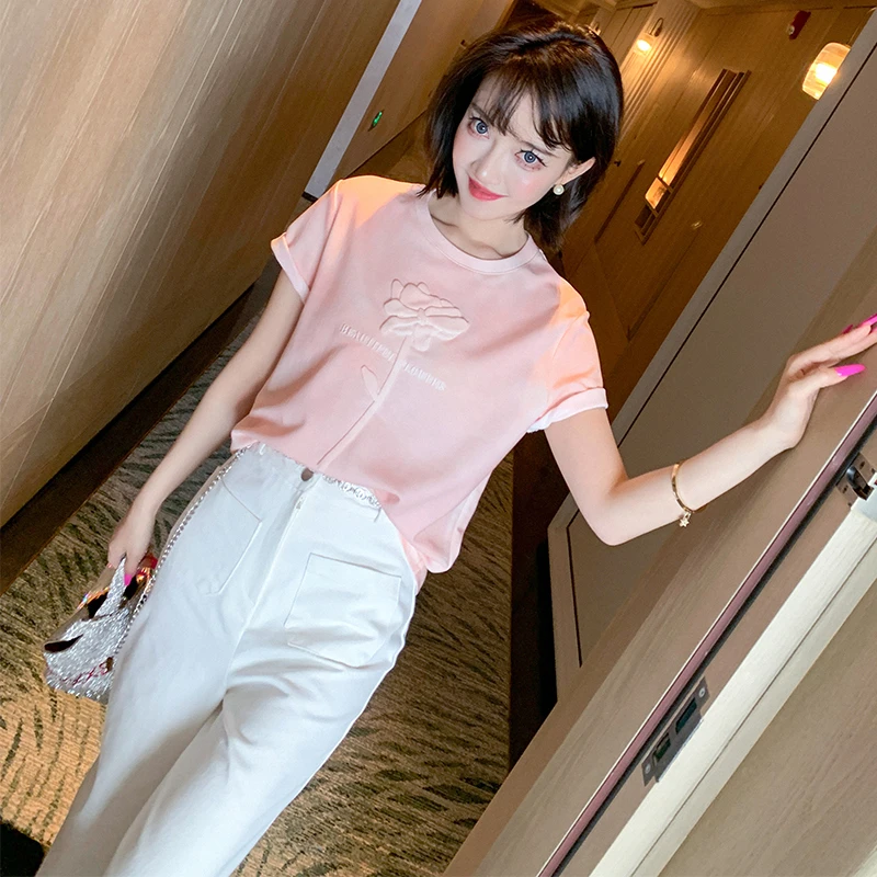 【现货】MIUCO粉色扎染艺术腔调重工凹凸立体烫印花朵圆领短袖T恤