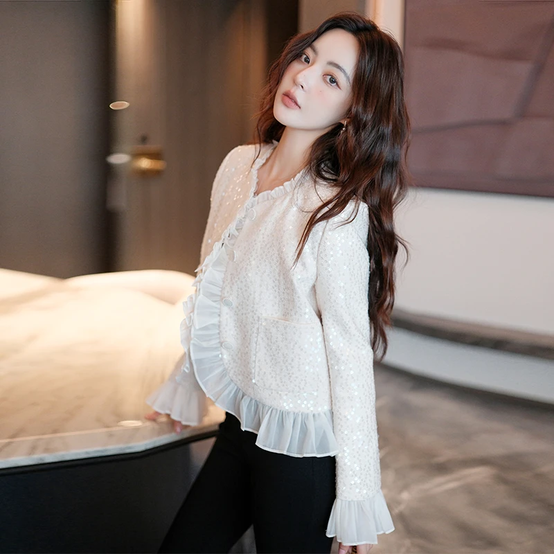 【现货】MIUCO轻奢亮片香风粗花呢甜美花边钉珠单排扣外套【现货】