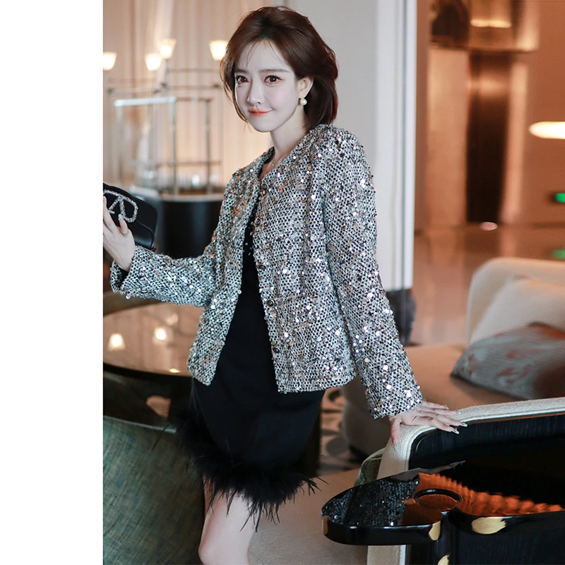 【现货】MIUCO夜闯巴黎富家千金小香风银灰色亮片短款外套