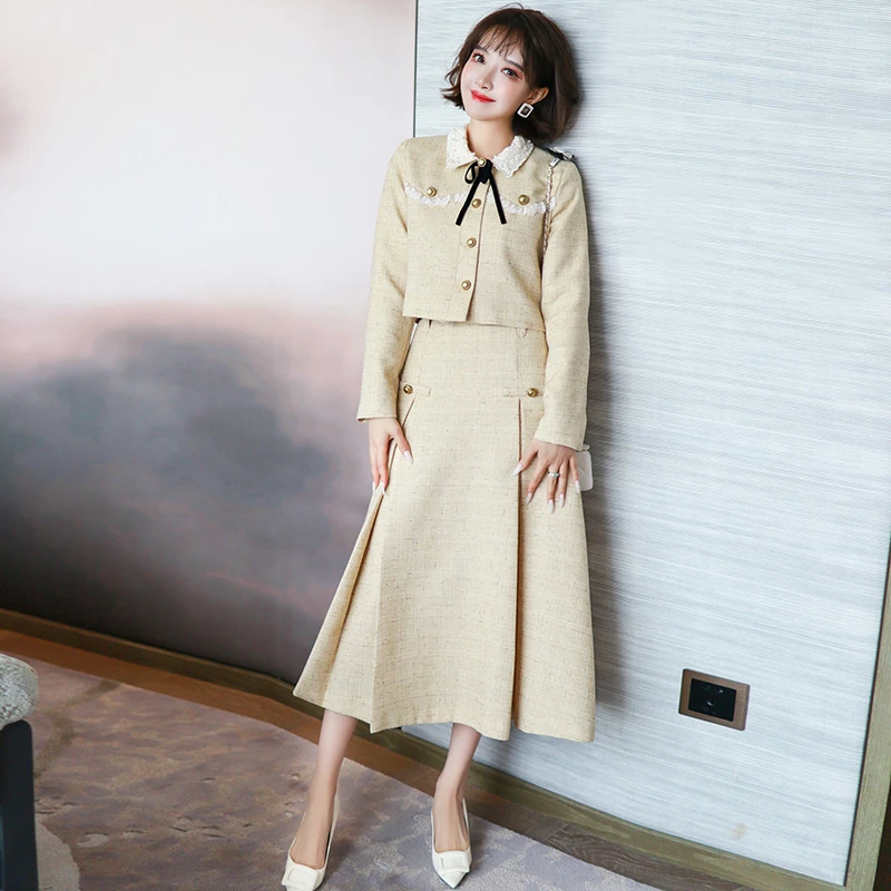 MIUCO千金氛围优雅小香风外套+A字大摆中长款半裙套装