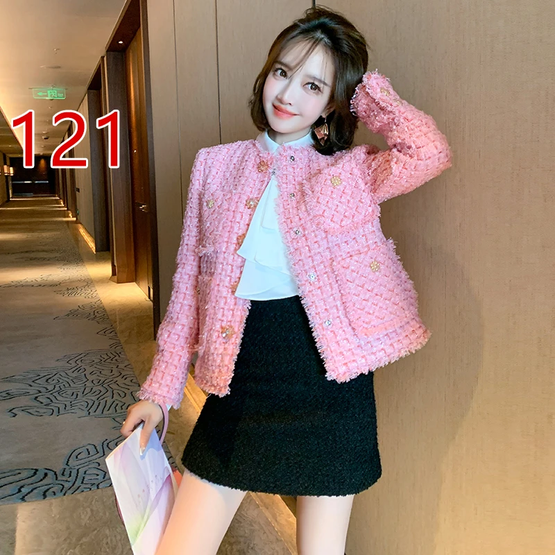 【现货】MIUCO钉珠花单排扣流苏毛边对称口袋粗花呢香风外套