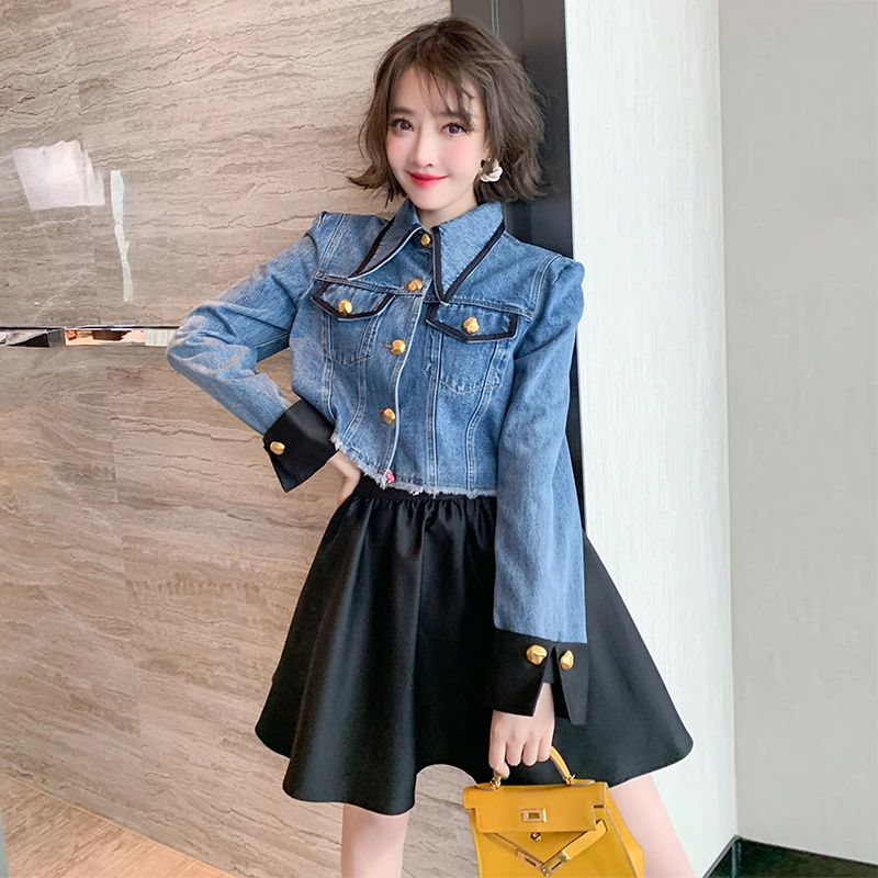 MIUCO翻领牛仔外套+青春无敌黑色A字半裙套装女