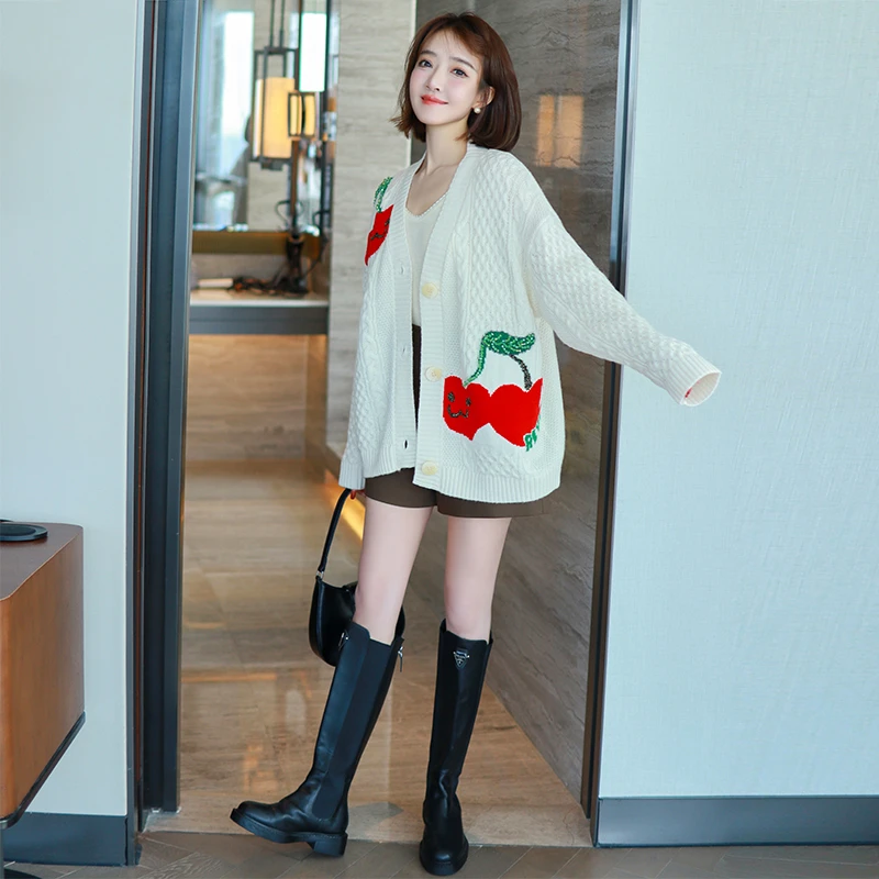 MIUCO樱桃提花手工串珠立体菠萝纹宽松针织开衫外套