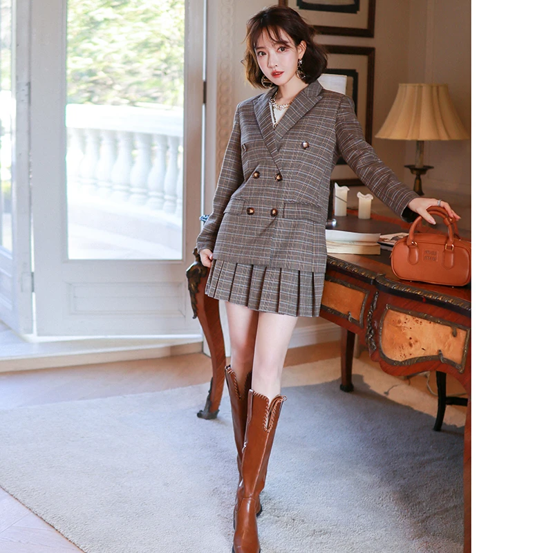 【现货】复古格纹西装外套+学院风百褶短裤半裙套装【现货】