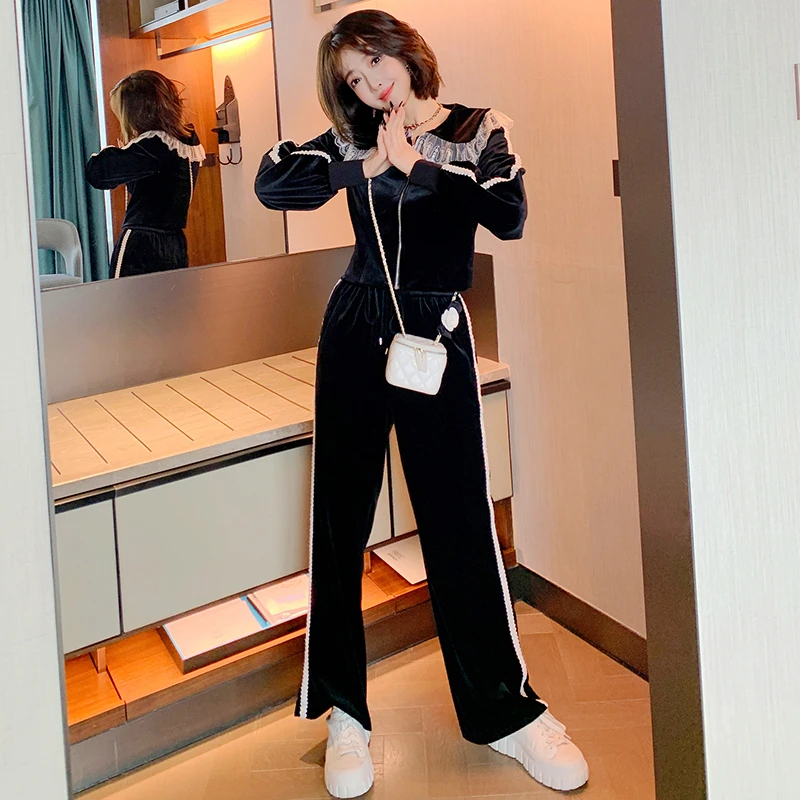 MIUCO率性飒美蕾丝边丝绒外套+显腿长阔腿裤套装
