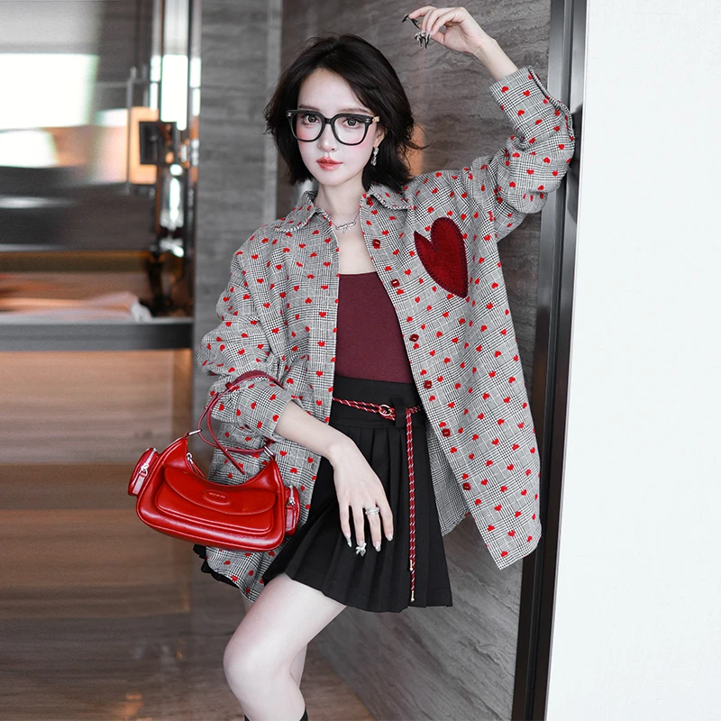 【现货】MIUCO格纹爱心贴布长袖oversize衬衫