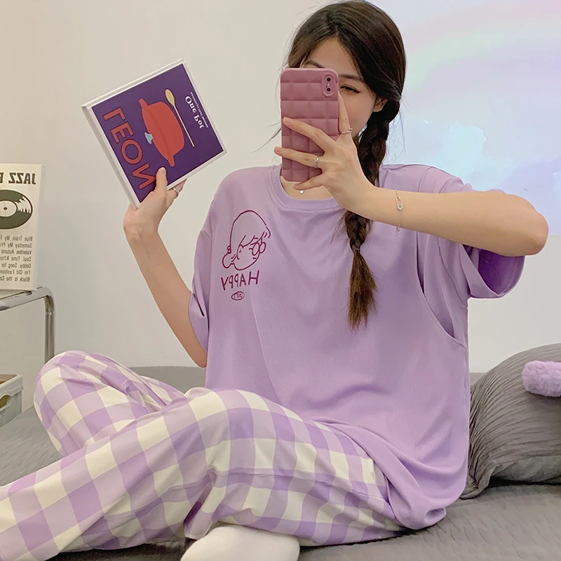 带胸垫莫代尔短袖长裤孕妇睡衣夏季薄款可外穿套头月子服产后哺乳