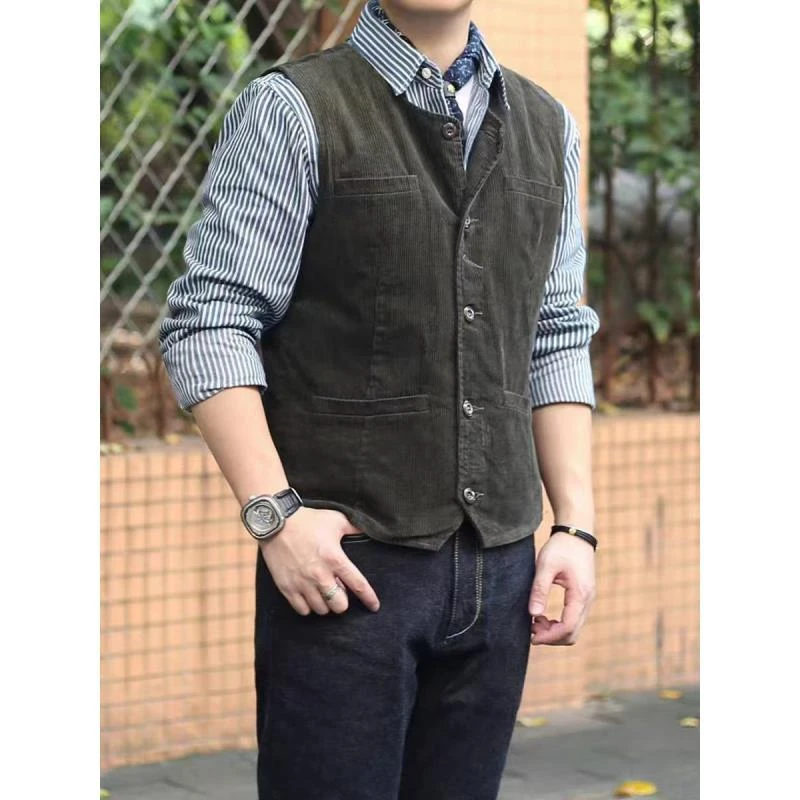 F124美式复古无领灯芯绒马甲背心男女同款内搭叠穿英伦坎肩马甲