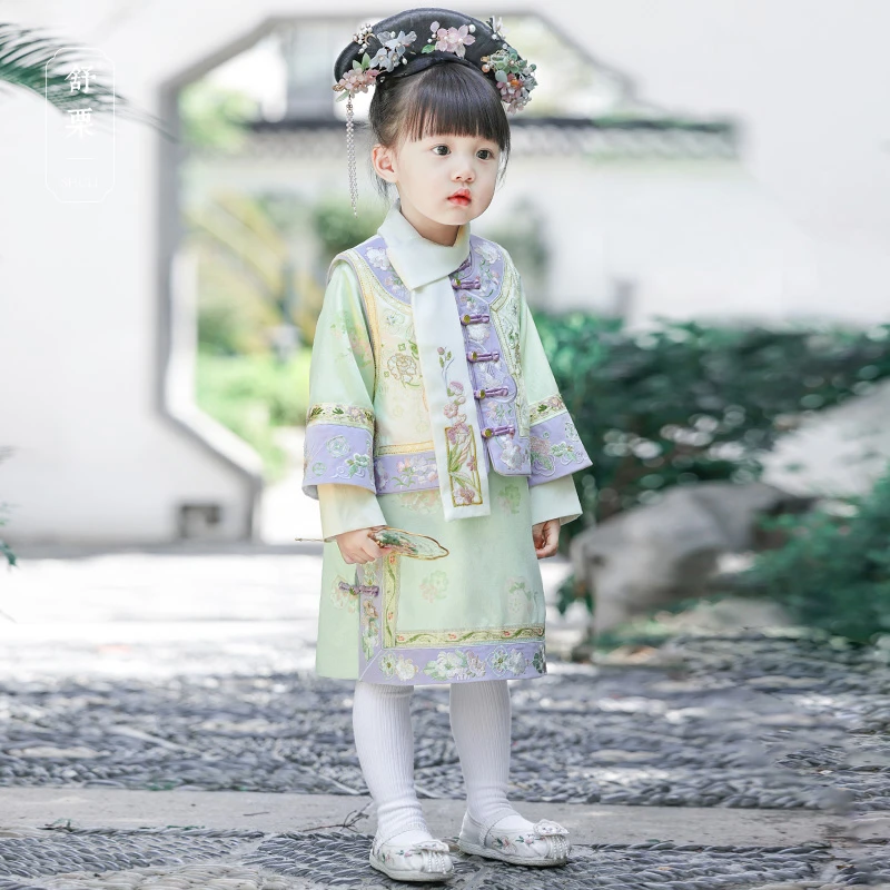 舒栗【香香】刺绣旗袍春款儿童格格服清朝中国风古装汉服女童旗袍