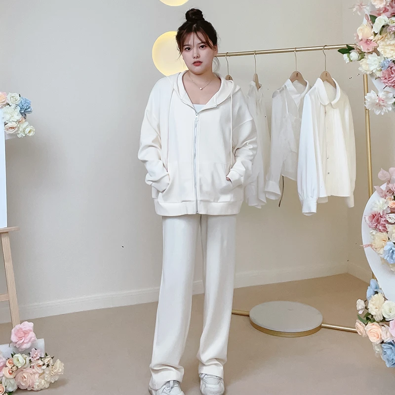 宝莉日志泥美大码女装连帽衫休闲裤两件套女春季新款2024胖mm套装