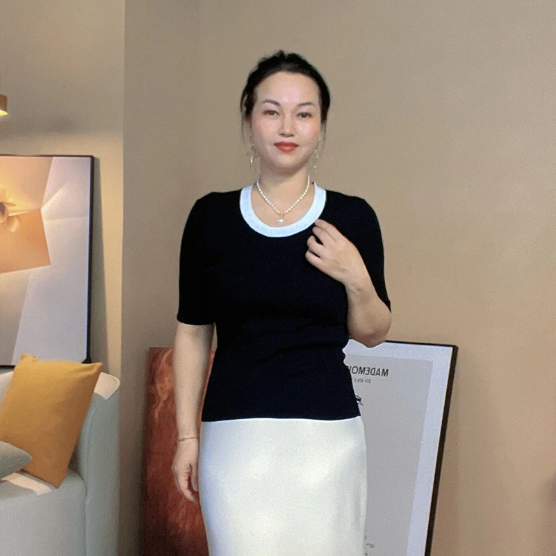 小香风短袖针织衫上衣显瘦圆领薄款修身