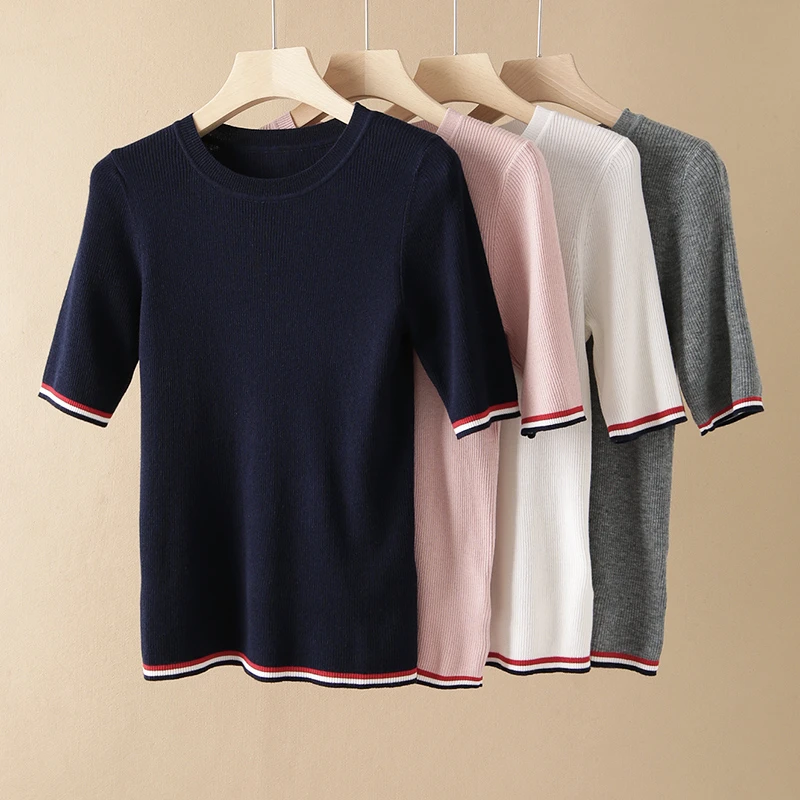 精纺细支短袖针织T恤衫显瘦撞色短袖夏季上衣