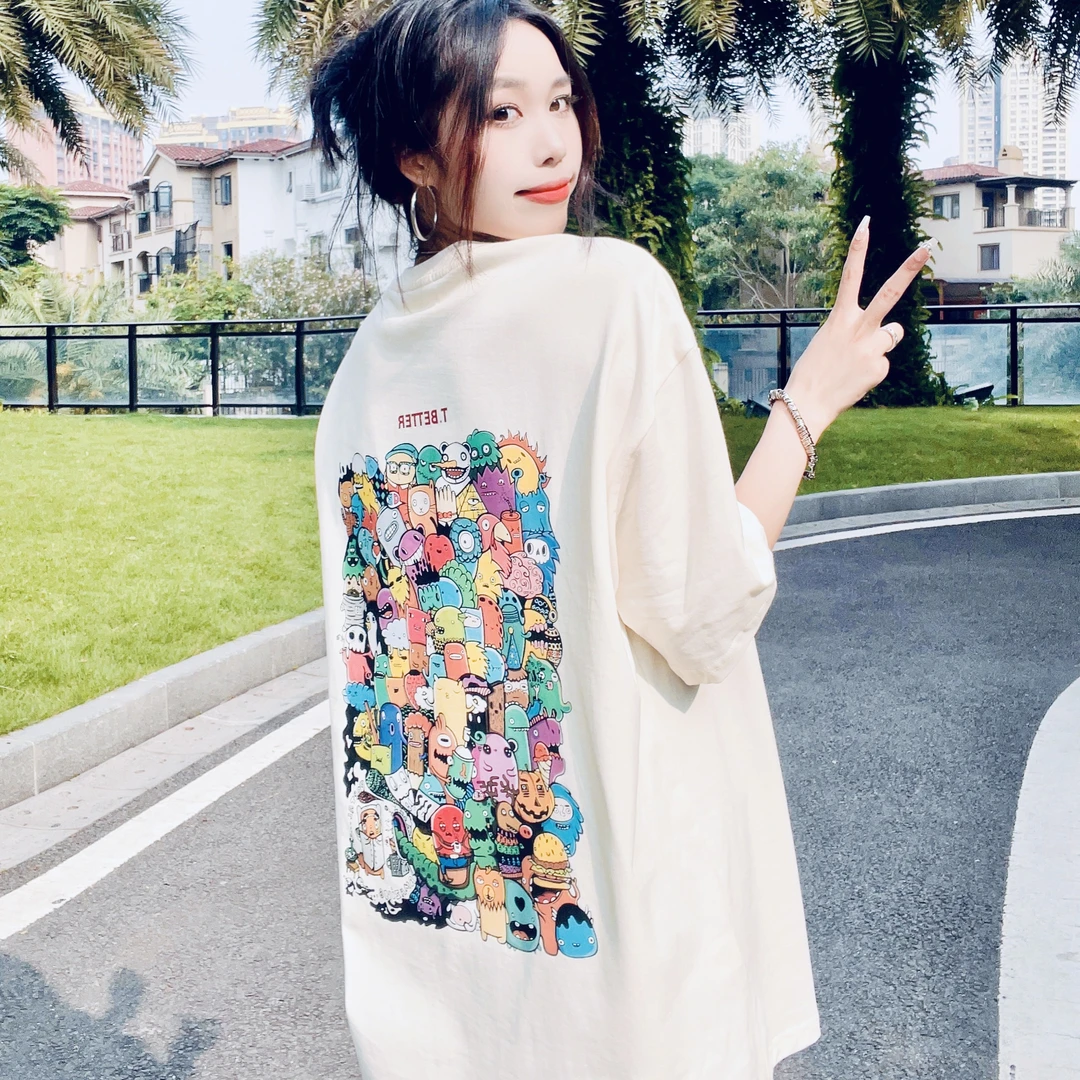 佳雅【小怪兽】夏季休闲出游热恋情侣装宽松时尚百搭小众ins纯棉T恤