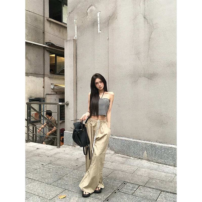 withmin白兔 夏日松弛 美式宽松阔腿松紧腰抽绳百搭休闲裤2410427