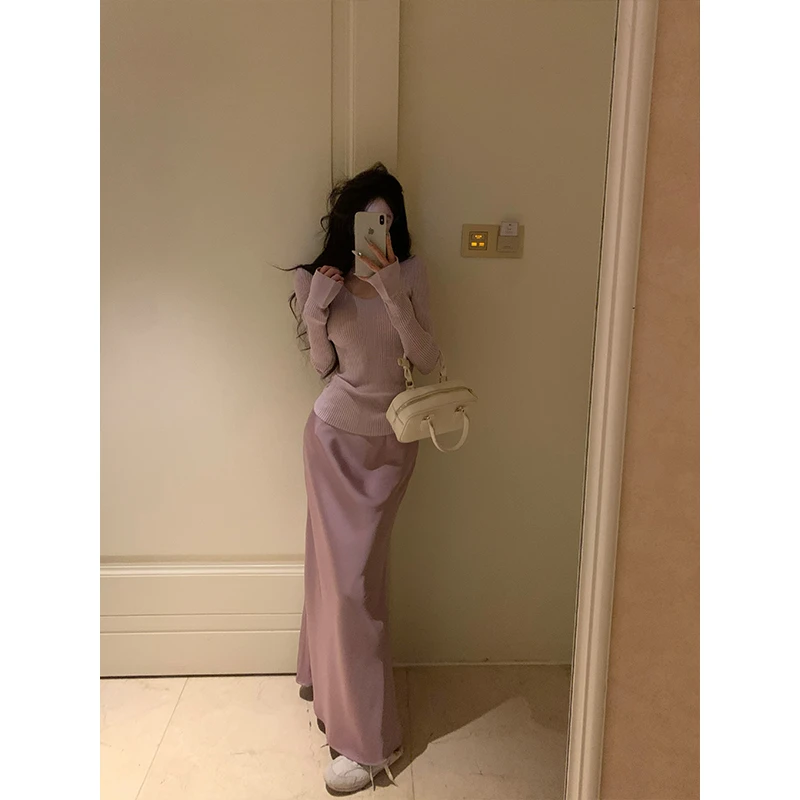 【清清】温柔小紫 气质韩版缎面简约垂感显瘦半身裙2411196