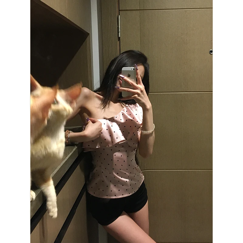 【清清】甜欲范本 法式荷叶边波点斜肩女辣妹无袖背心2410977