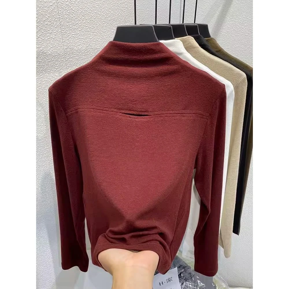 安可拉红半高领镂空打底衫秋季女装修身时尚洋气内搭长袖T恤上衣