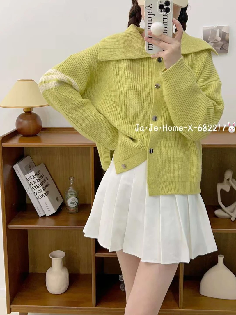 新款开衫女宽松韩版小香风纯色开衫针织外套慵懒百搭毛衣682217-1