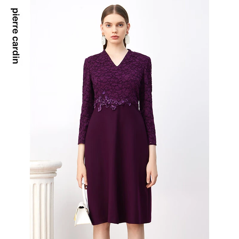 [皮尔卡丹女装]连衣裙蕾丝拼接长袖优雅商务通勤羊毛裙