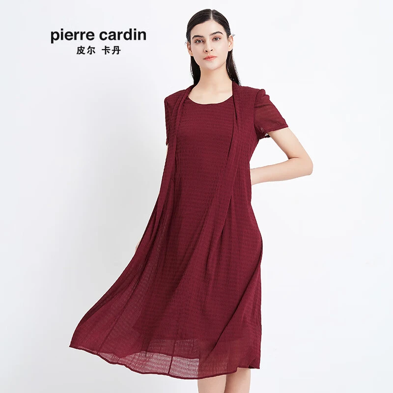 皮尔卡丹女装夏季新款暗红色中长款短袖连衣裙时尚个性裙子 商场