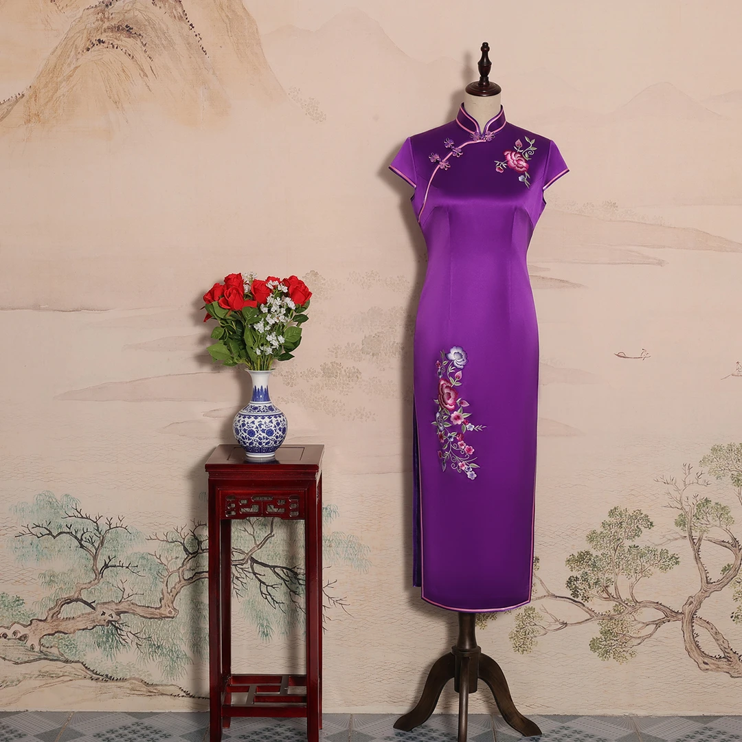 YUANZUEN/袁尊定制中国风旗袍桑蚕丝手推绣紫色 复古修身  优雅