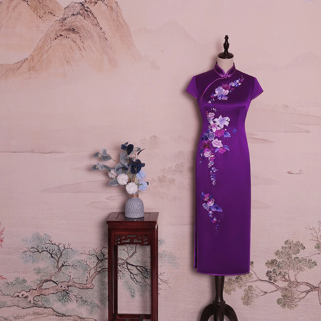 YUANZUEN/袁尊紫玫红 桑蚕丝手推绣旗袍 日常生活 中国风旗袍网红