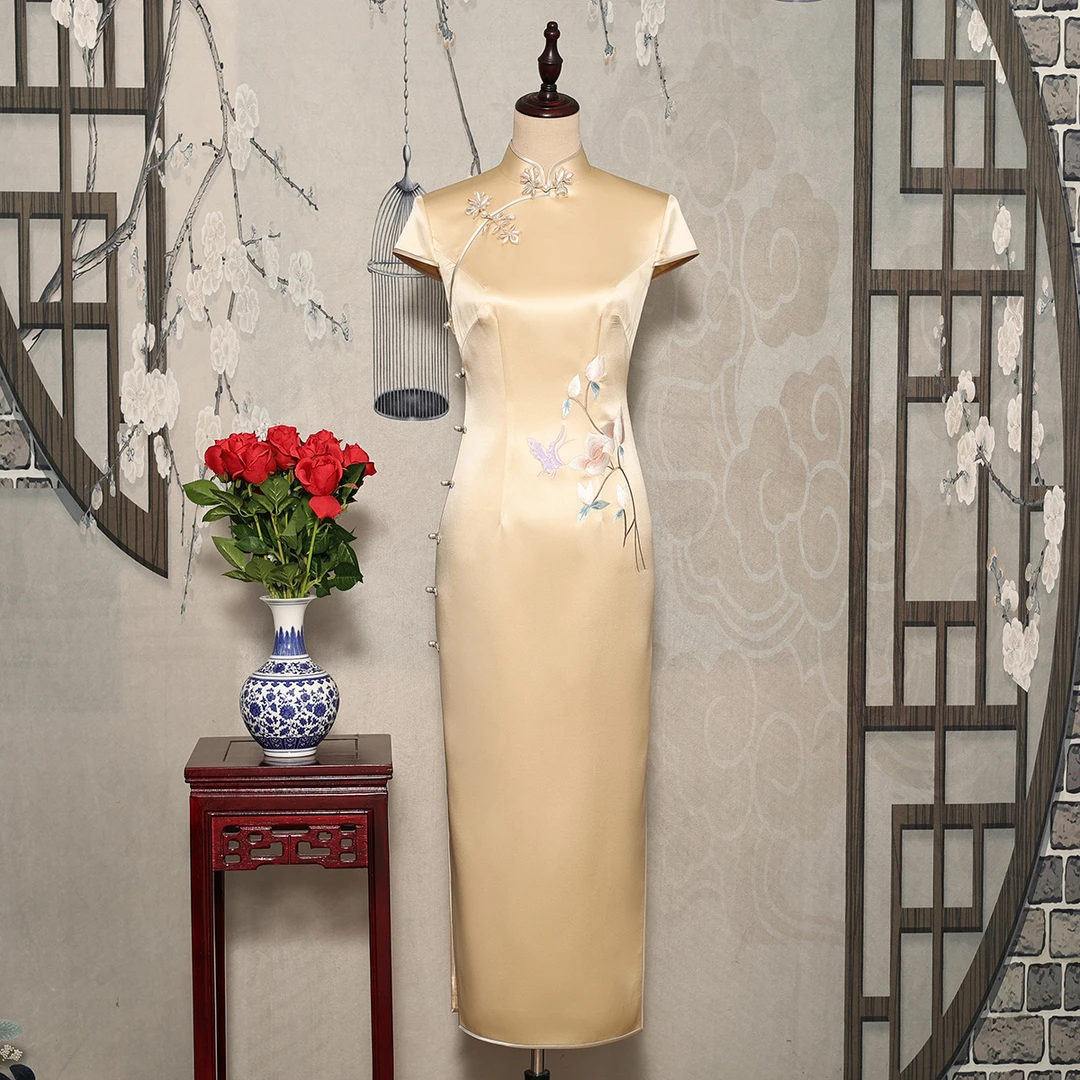 YUANZUEN/袁尊中国风香槟色桑蚕丝手推绣旗袍气质 日常 优雅 双层