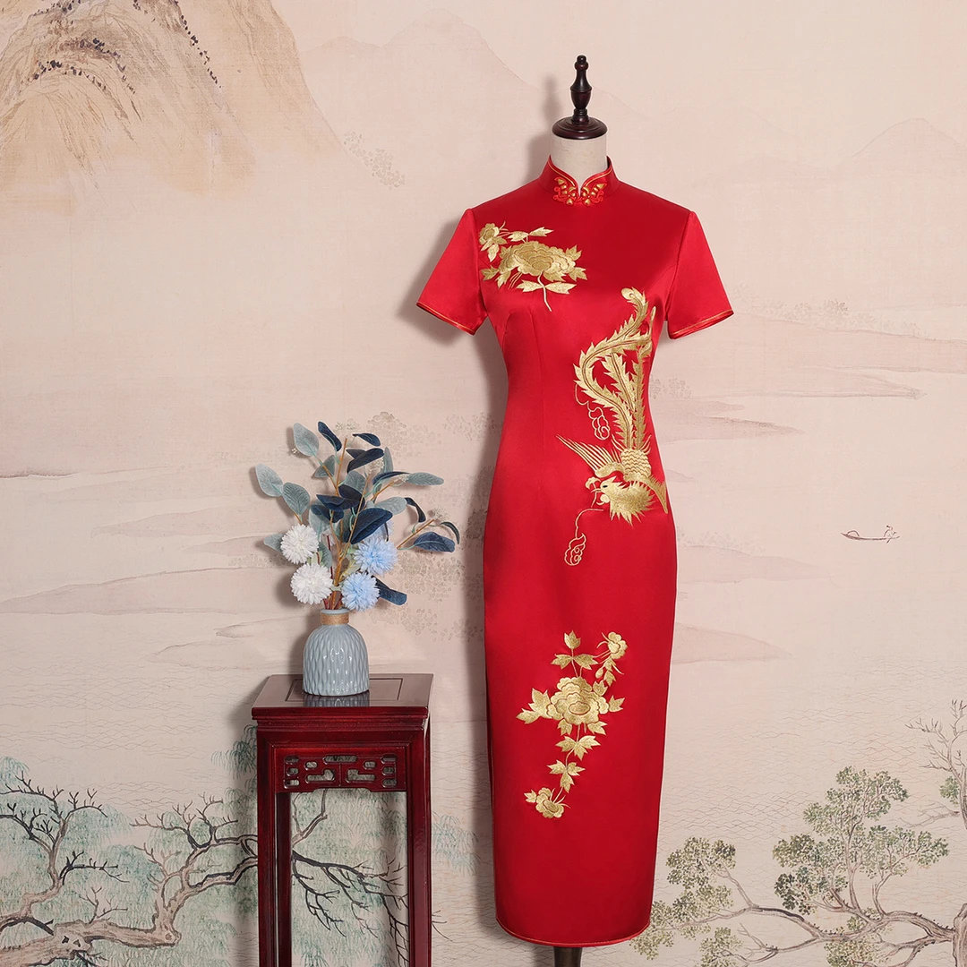 YUANZUEN/袁尊中国风旗袍大红色桑蚕丝 手工翘边手推走秀气质新娘