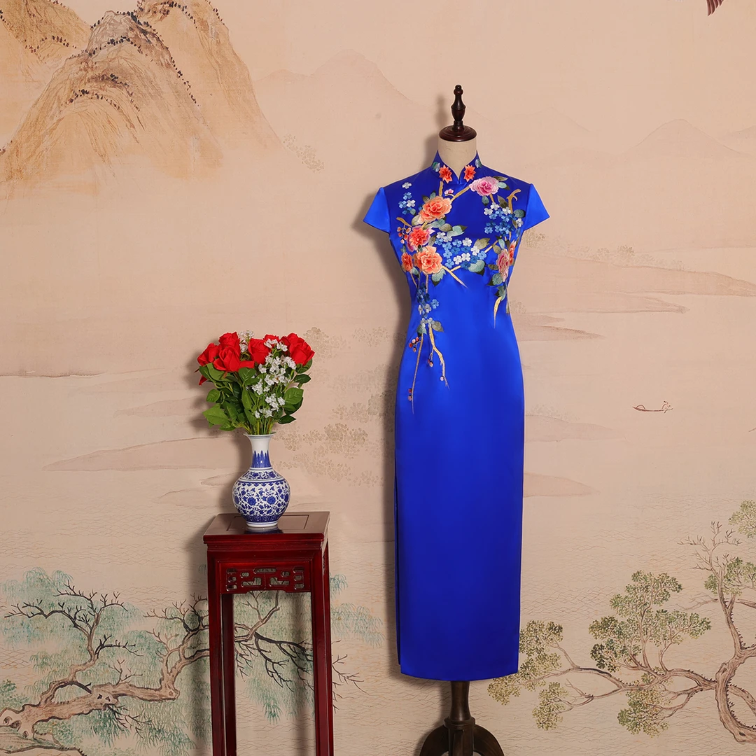 YUANZUEN/袁尊宝蓝色桑蚕丝 手推绣立体花旗袍 幸福绽放 宴会生活