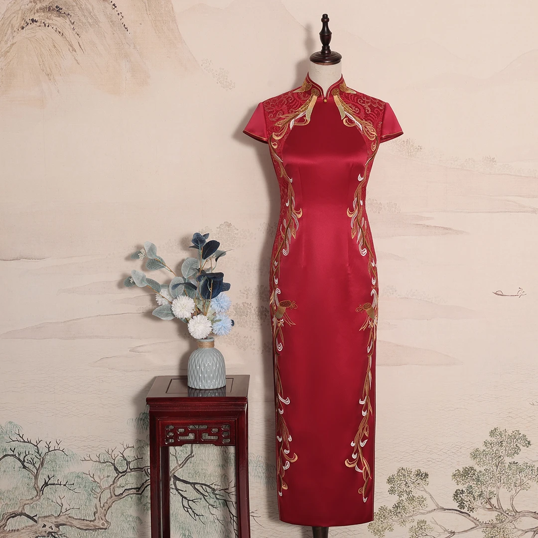 YUANZUEN/袁尊中国风显瘦时尚酒红30姆米重磅真丝旗袍手推绣复古