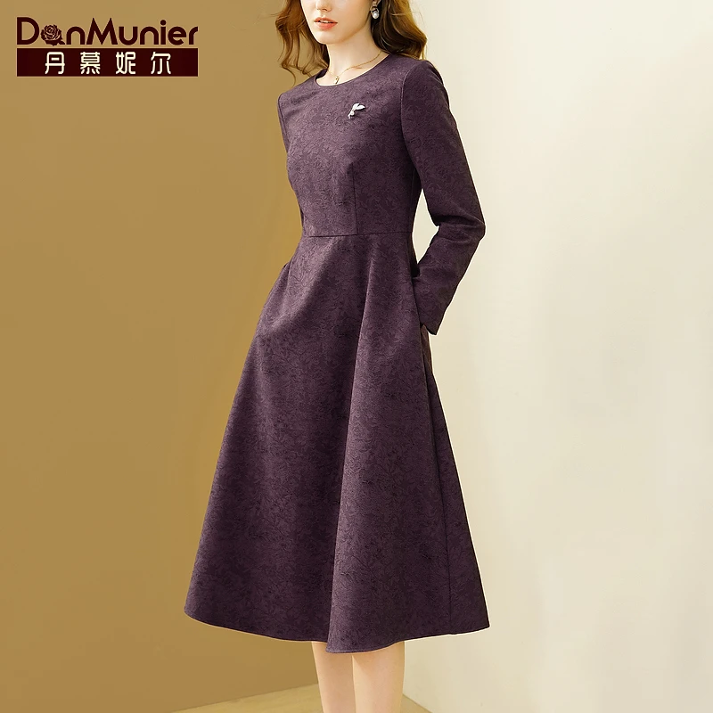 丹慕妮尔法式复古印花长袖连衣裙女2024冬季新款气质高级感a字裙