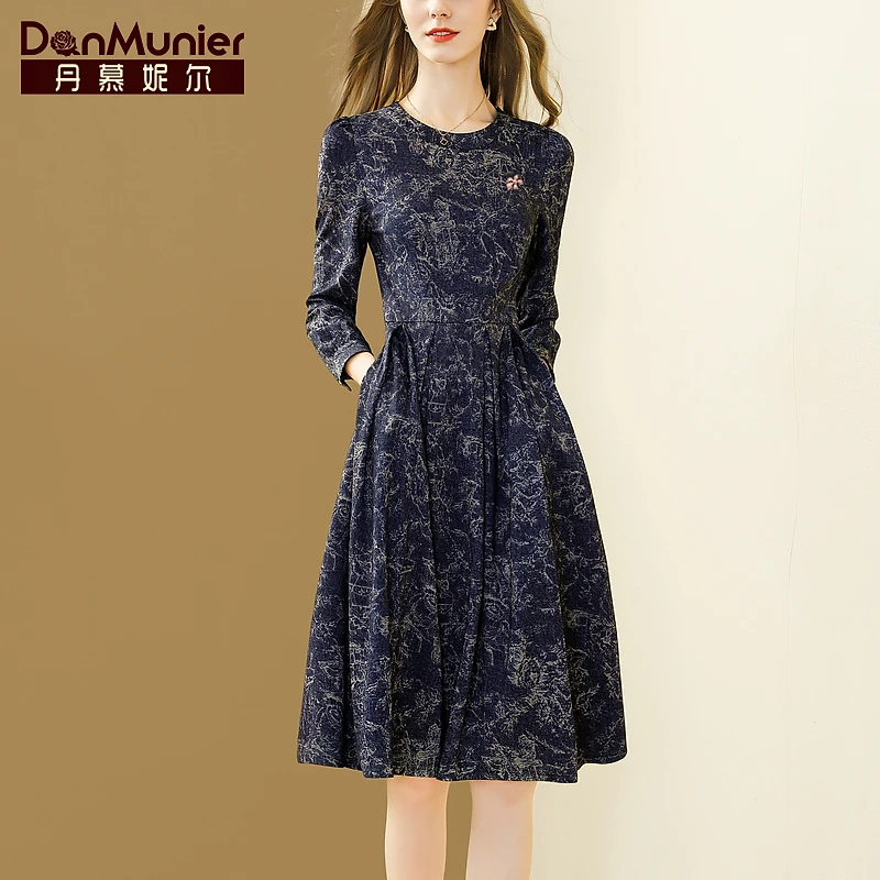丹慕妮尔2023秋季新款优雅气质印花连衣裙长袖时尚复古裙子45233