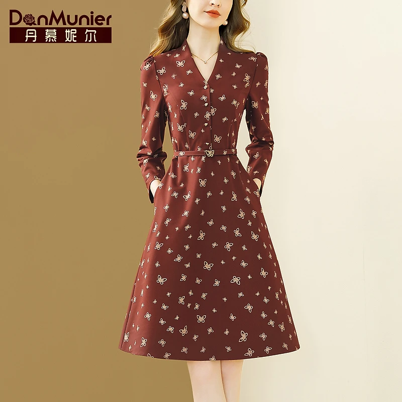 丹慕妮尔【雅丹风】法式复古v领连衣裙女2025春秋新款收腰a字裙子