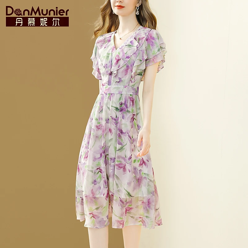 丹慕妮尔法式复古v领印花连衣裙女夏2024新款气质荷叶边收腰a字裙