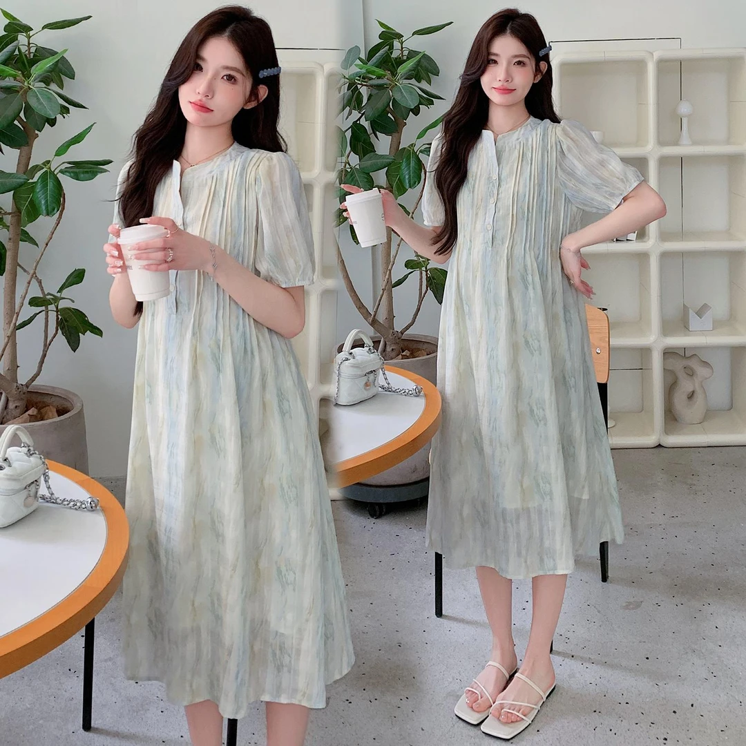 孕妇夏装新款2025韩系时尚气质温柔扎染遮肚显瘦中长款孕妇连衣裙