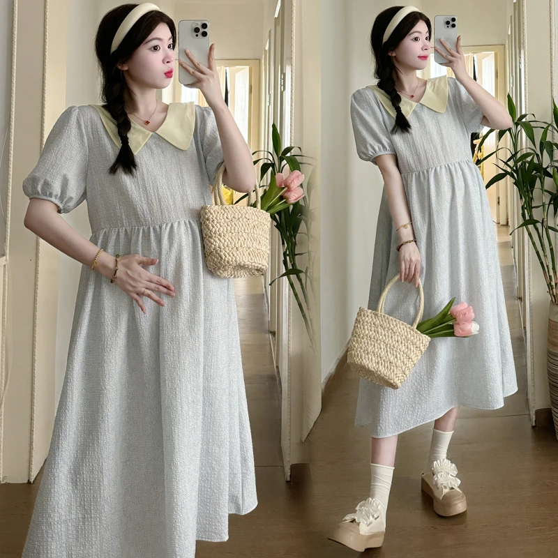 孕妇装夏季新款韩系复古温柔风宽松绑带撞色娃娃领拼接长款连衣裙