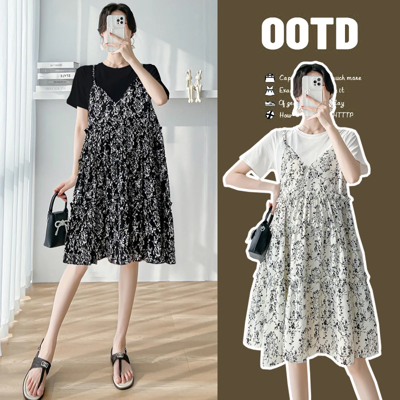 孕妇装夏季新款休闲时尚小个子宽松显瘦假两件复古孕妇碎花连衣裙