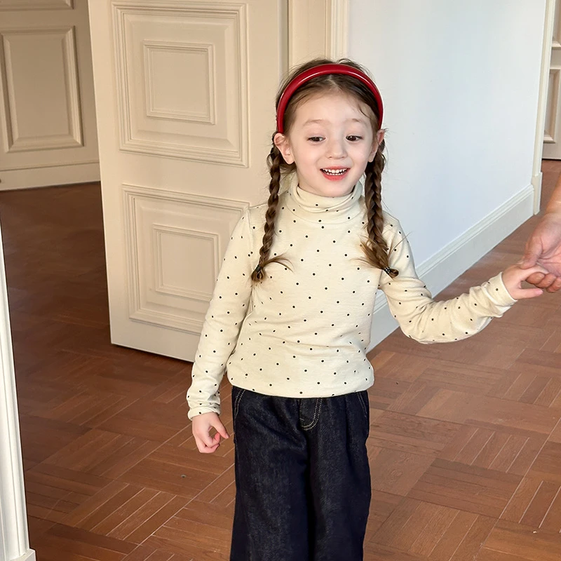 【 加厚不加绒】原创！冬女童韩版甜美内搭上衣波点高领打底衫24Z007