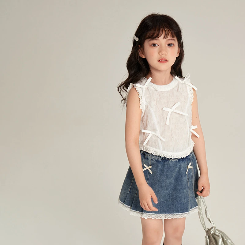 【新品】女童甜美立体蝴蝶结背心小香风无袖T恤白色上衣24W044