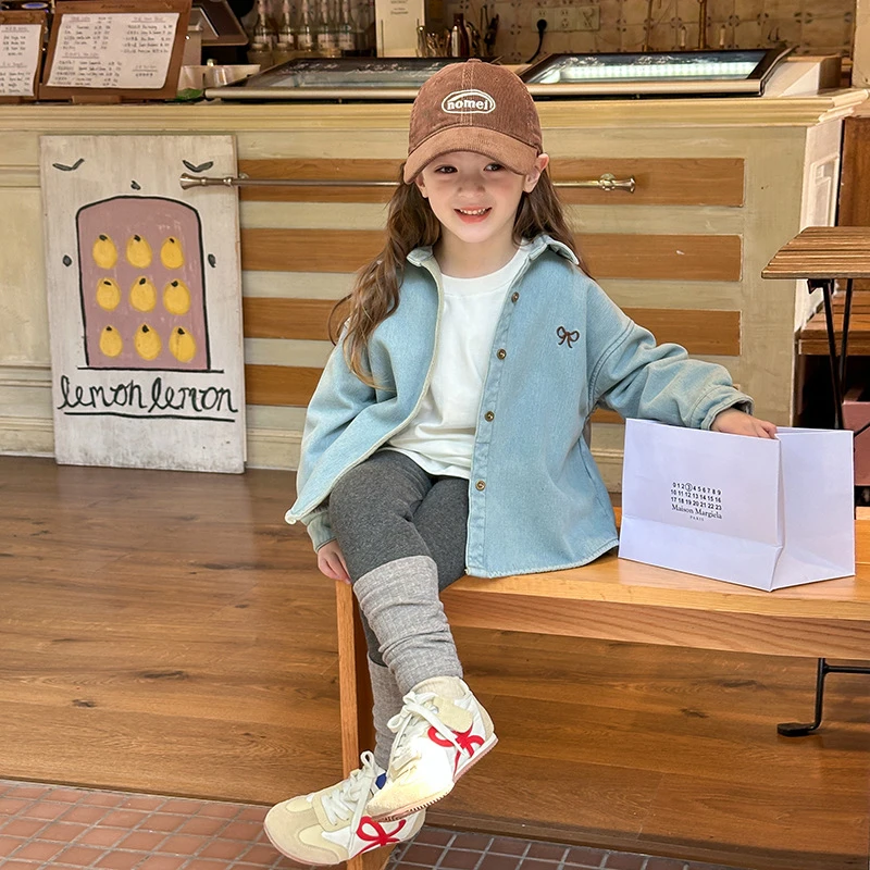 【冬款加绒】现货女童范保暖复合一体绒蝴蝶结刺绣牛仔外套 24Z043