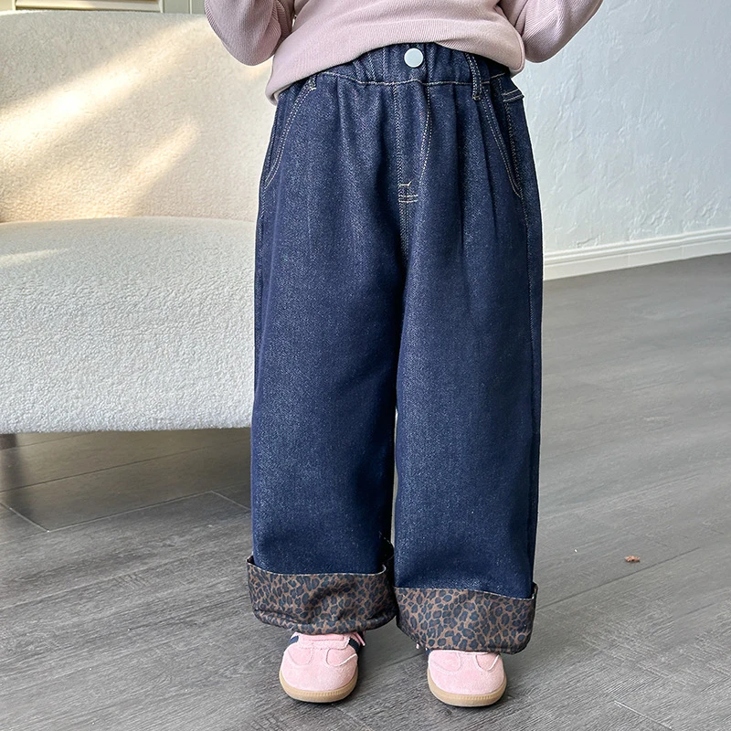 【加绒不褪色】儿童现货复合奥粒绒环保防褪色豹纹拼接牛仔裤24A177