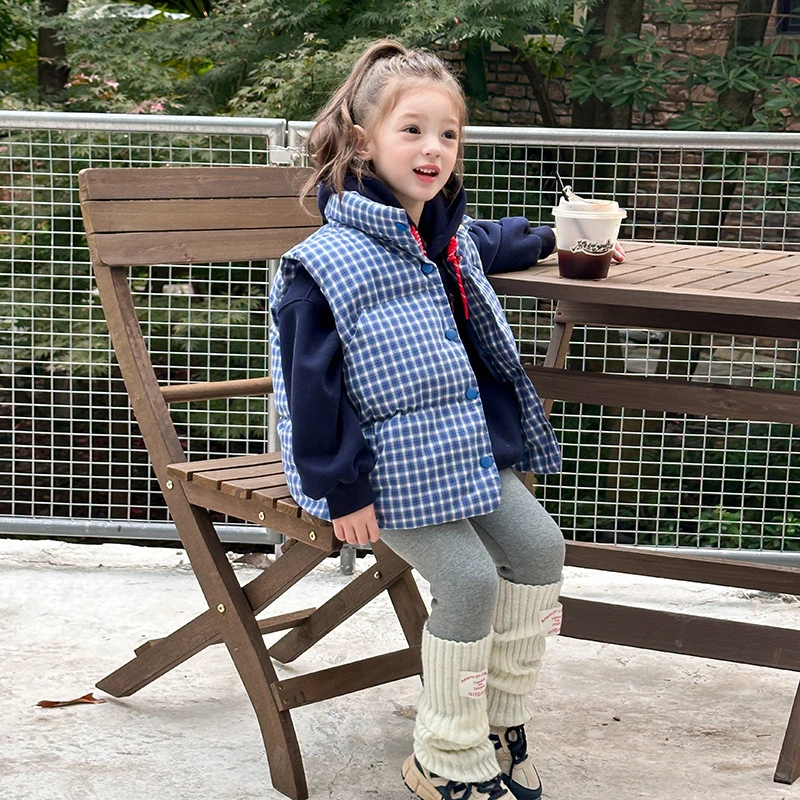 【现货夹棉】男女童外穿儿童蓝色格子棉马甲外套24A092