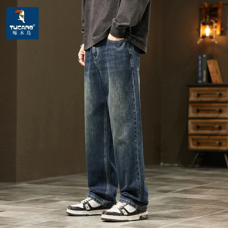 啄木鸟秋冬季新款牛仔裤男宽松直筒高街复古潮流男士青少年装ins