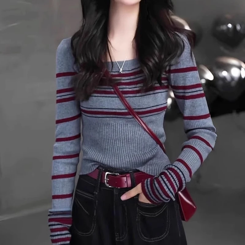 气质撞色条纹针织衫长袖t恤初秋大码微胖修身显瘦设计感打底上衣
