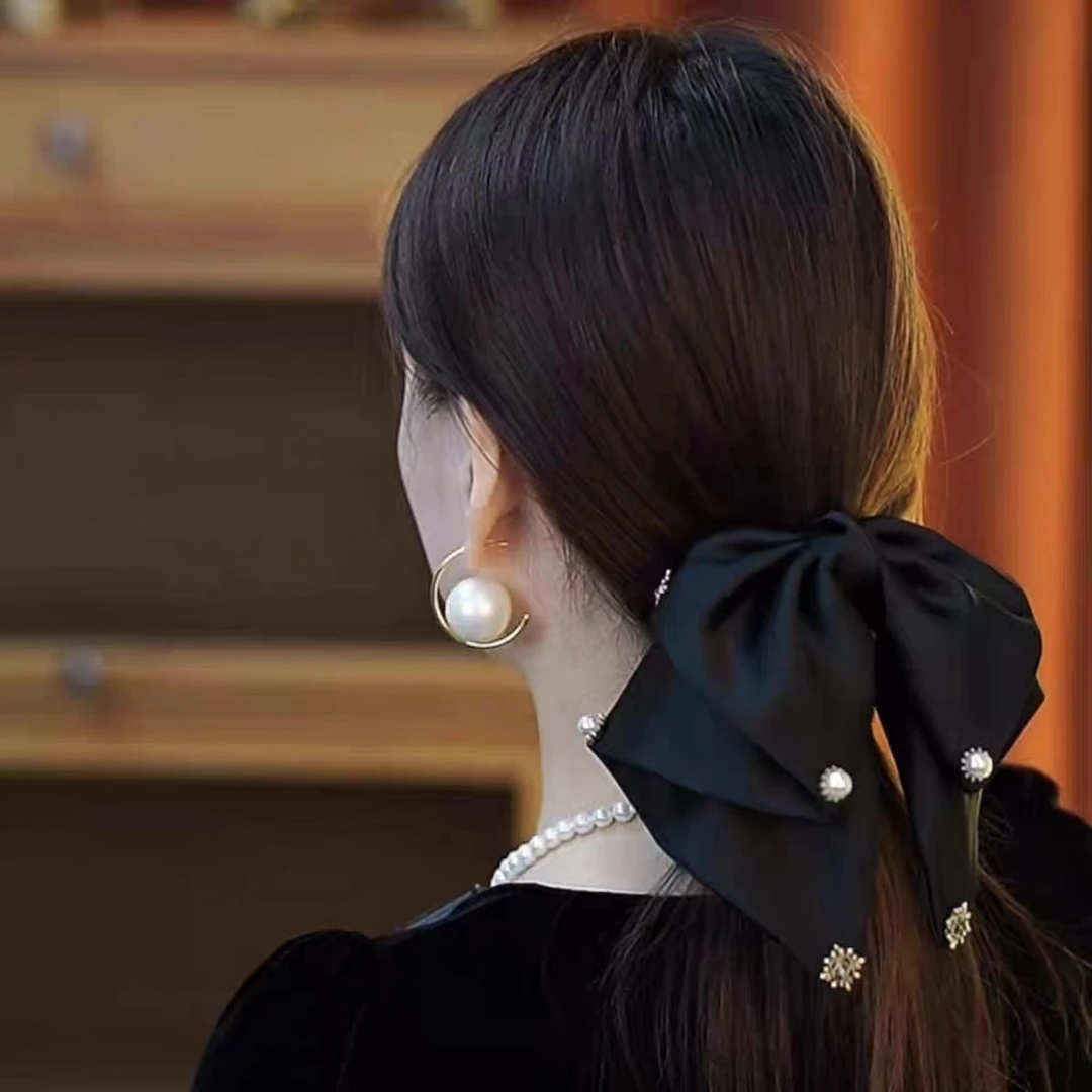 网红感轻奢珠珠彩蝶结抓夹女后脑勺低马尾发卡半扎发发夹头饰发饰