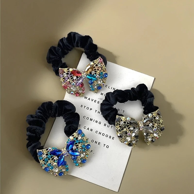 洋气新款合金感彩蝶结肠圈高弹力发绳发圈发夹百搭头轻奢皮筋发饰