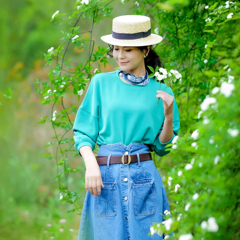 【红姐推荐】铜氨丝绿色长袖T恤女新款休闲百搭上衣圆领套头卫衣