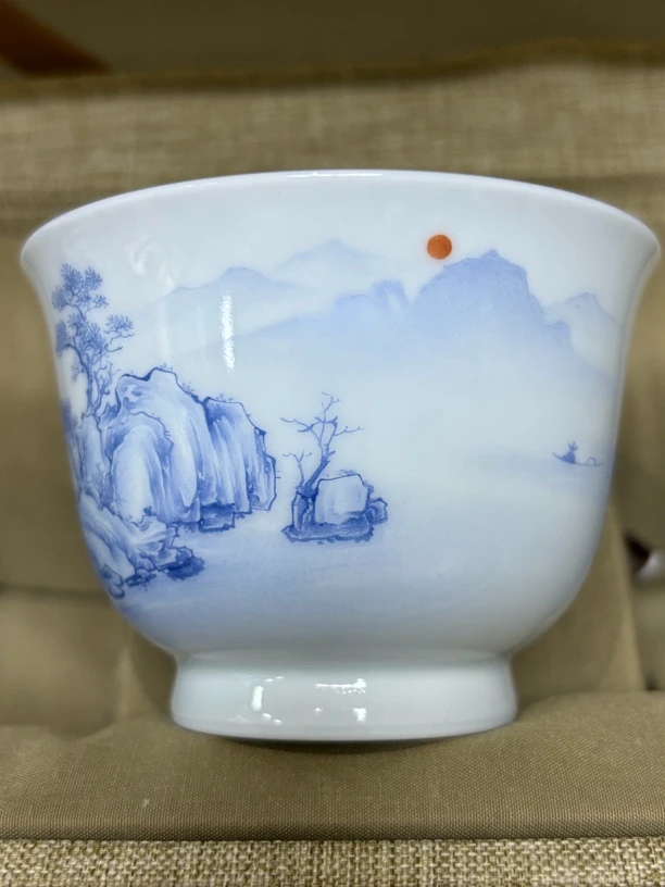 纯手工艺品白瓷陶瓷主人杯手绘山水青泥釉瓷杯100cc茶具茶杯