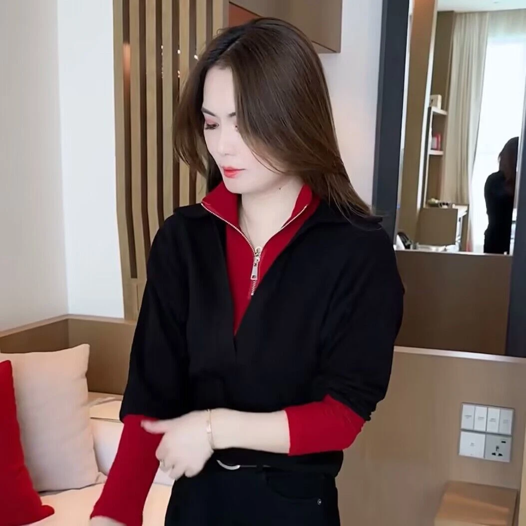 双面绒拉链T恤女长袖冬季新款宽松百搭减龄时尚假两件保暖打底衫